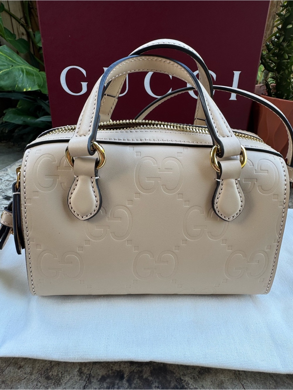 Gucci Cream Embossed GG Mini Satchel with Gold Hardware
